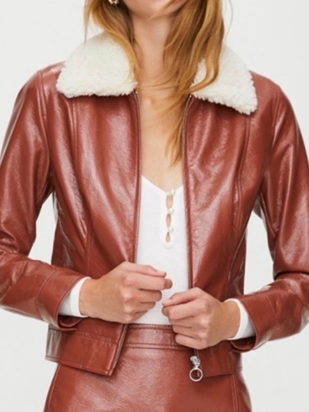 Wilfred Rust Faux Leather Jacket with Cream Sherpa Collar